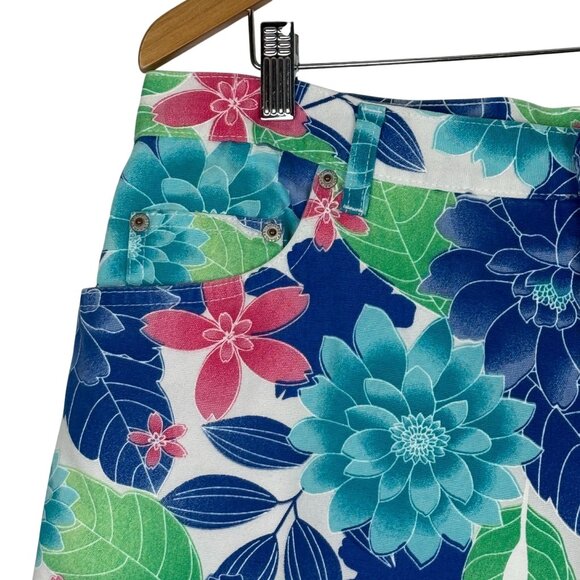 Bill Blass Women's Bold Floral Capri Pants Sz 16 Hi Rise Blue Pink Green Cotton - Picture 4 of 12